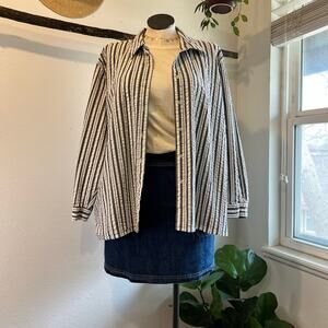 Denim & Co Textured Cotton Gray Vertical Striped Button Front Shirt Size 3X